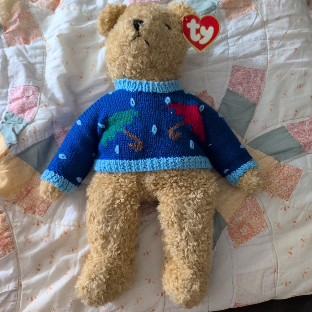 TY Classic Plush - CURLY the Bear (Large - Blue Sweater w/ Umbrellas)(16 inch)